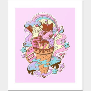 Cute ice cream bunny and bear cone Posters and Art